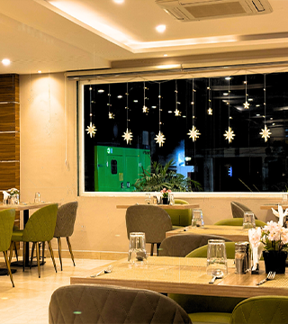 Restaurant interior with stylish décor, neatly arranged tables